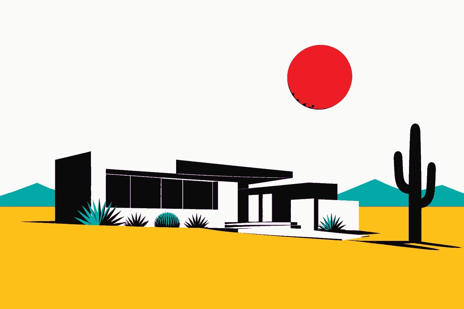 A low desert house under a high sun, drawn flat in the firm's palette.