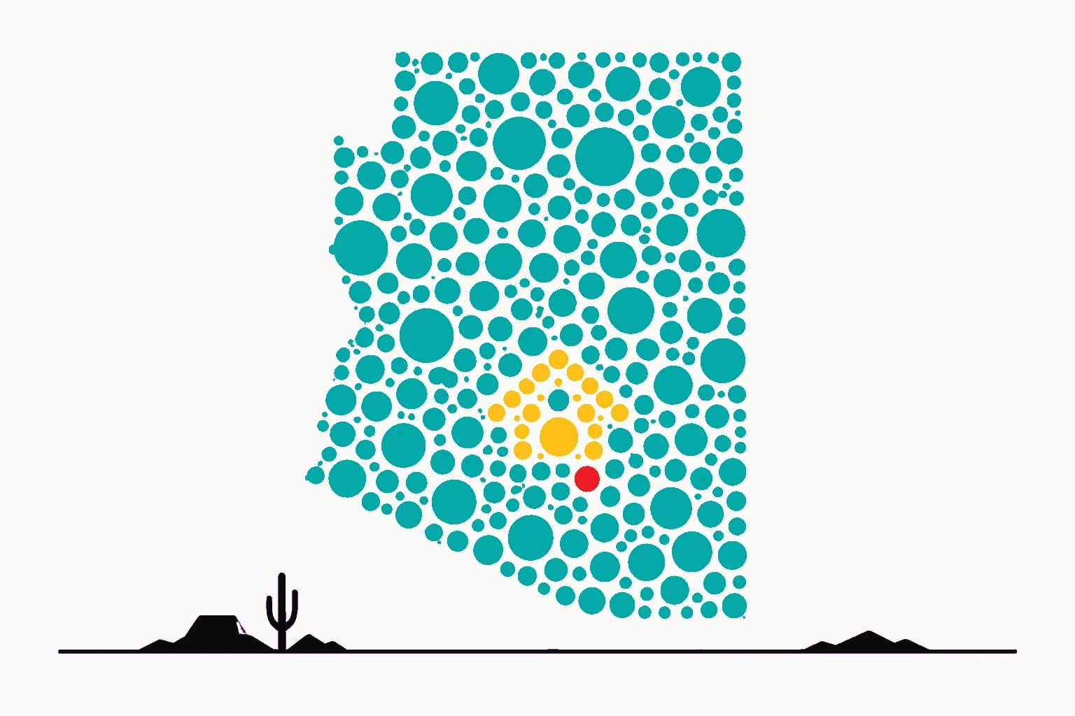 Arizona drawn as a field of dots, with the Phoenix metropolitan area picked out in red.