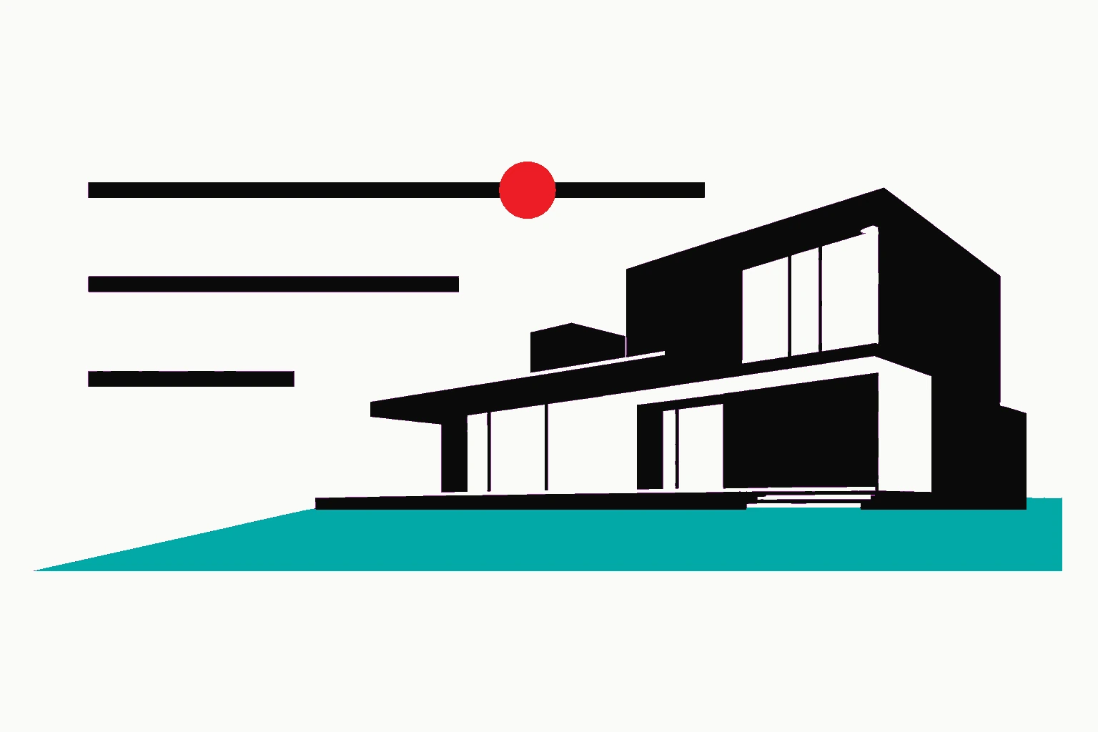 A modern house drawn flat beside three rules of text and a single dot.
